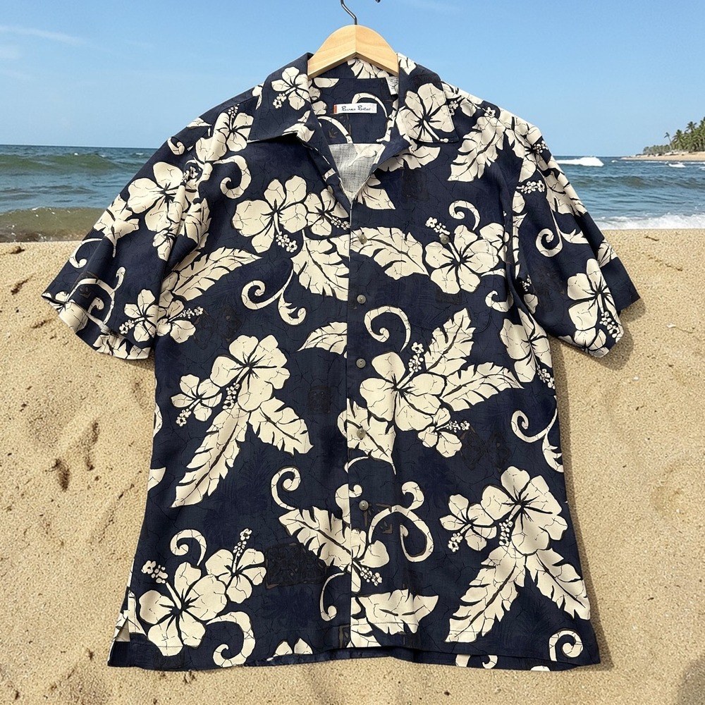 Burma Bibas Hawaiian Aloha Shirt‎ Mens M 100% Silk Navy Blue Ivory Batik Floral